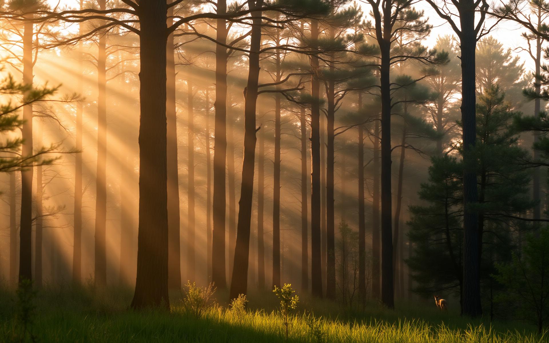 Sunlight through a Georgia pine forest at dawn